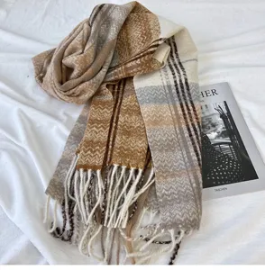 Cozy women's plaid tassel scarf detail, soft cashmere feel winter warm shawl for daily wear.