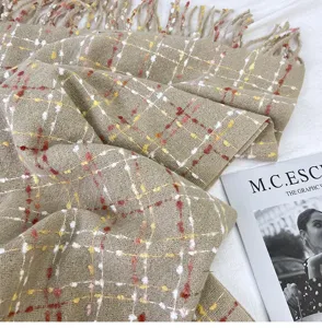 Cozy winter plaid scarf for women, soft imitation cashmere shawl and warm tassel neck wrap.