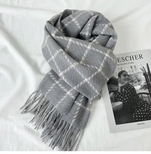 Grey plaid winter scarf detail, cozy imitation cashmere material with stylish tassel fringe trim.