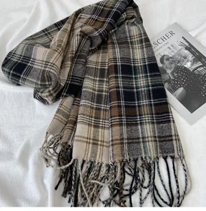 Women autumn winter retro plaid scarf warm tassel shawl soft cozy Korean style couple neck wear