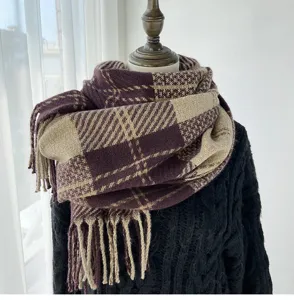 Femme hiver écharpe à carreaux glands épaisse confortable chaude élégante automne châle foulard