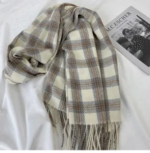 Cozy winter plaid scarf for women and men, long tassel cashmere-feel warm couple shawl neck.
