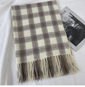 Classic plaid winter scarf with fringe, soft warm cashmere feel shawl for men and women