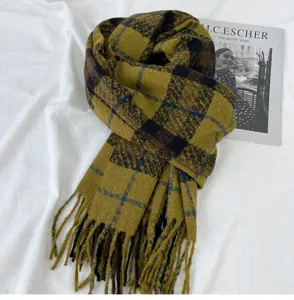 Autumn winter thick plaid scarf for women, cozy retro tartan wrap with chic fringe details.