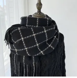 Classic black and white plaid winter scarf for women, thick cashmere-feel warm shawl.