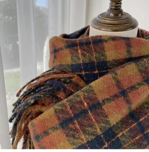 Cozy thickened plaid scarf close up, soft imitation cashmere texture, warm winter accessory.