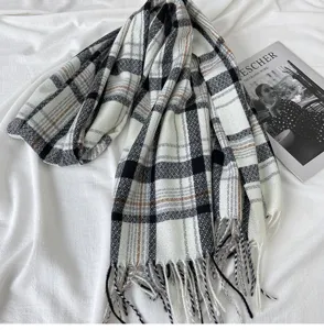Classic black and white plaid scarf, thick warm imitation cashmere tassel shawl for winter.