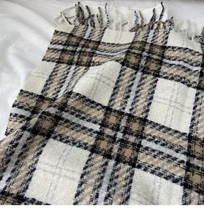 Classic plaid cashmere-feel scarf with fringe. Soft, warm winter shawl for women and men.