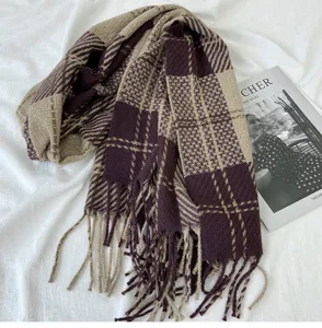 Écharpe d'hiver à carreaux avec franges, châle chaud et épais, accessoire mode couple.