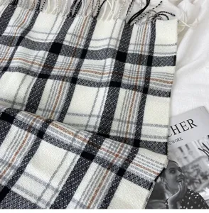 Cozy winter plaid scarf for women, warm imitation cashmere blanket shawl with tassels.