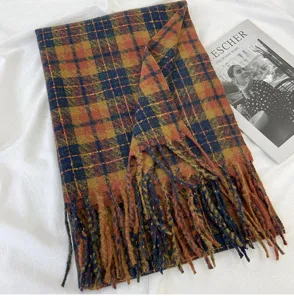Chic plaid tassel scarf for women, cozy thick cashmere-feel shawl, retro brown winter warm wrap