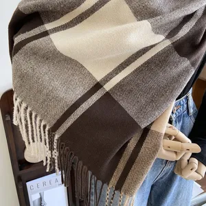 Women winter cashmere feel plaid scarf elegant tassel brown warm cozy fashion neck wrap