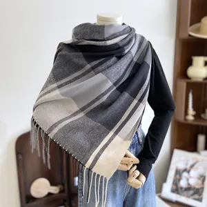 Women classic plaid winter scarf warm tassel shawl soft cashmere feel casual stylish design
