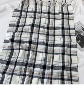 Autumn winter women classic plaid cashmere feel scarf cozy thick warm fringe fashion shawl.