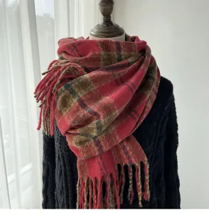 Women's red brown plaid imitation cashmere scarf autumn winter warm tassel neckerchief