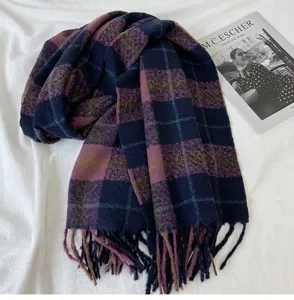 Women's autumn winter thick warm plaid scarf with tassels soft cozy fashion neck wrap