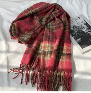 Cozy red plaid tassel scarf for women and men, soft imitation cashmere winter warm fashion shawl.