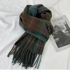 Vintage plaid scarf for women, warm autumn and winter tassel shawl, cozy fashion neck warmer.