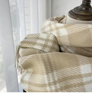 Beige blanc carreaux cachemire toucher hiver écharpe frange chaud élégant femme mode style