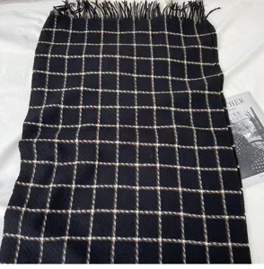 Classic black plaid winter scarf with cozy fringes, thick warm cashmere-feel women shawl.