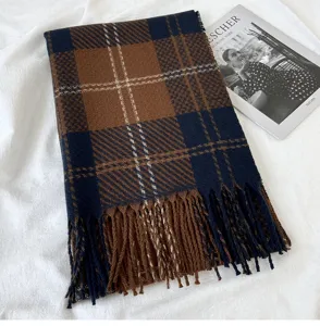 Gros plan d'une écharpe d'hiver épaisse à carreaux bleu marine et marron avec franges.