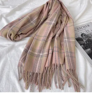Autumn winter women warm cashmere feel plaid scarf elegant tassel fringe thick shawl