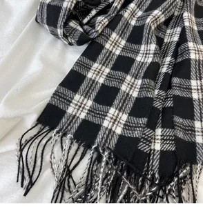 Classic black and white plaid scarf with delicate fringe detail, soft cozy winter warm shawl.