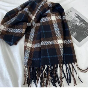 Cozy winter plaid scarf for women, warm thick tassel fringe plaid winter neck wrap.
