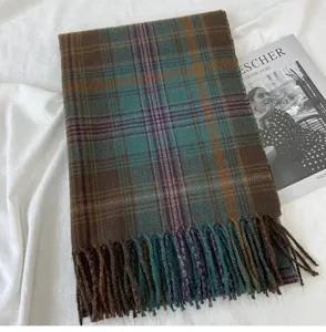 Retro plaid tassel scarf for women, soft warm winter tartan wrap and cozy neck shawl.