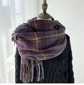 Winter retro purple plaid scarf for women, warm knit tassel shawl and neck wrap detail.