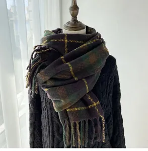 Detailed view of women autumn winter thick warm plaid scarf soft fringe shawl Korean style.
