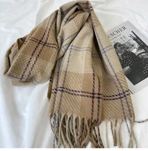 Gros plan d'un écharpe d'hiver douillette à franges en beige classique, accessoire doux et chaud.