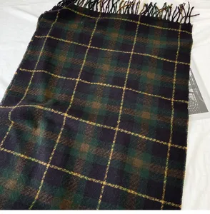 Detailed shot of a women's autumn and winter plaid scarf, thick and warm vintage shawl style.