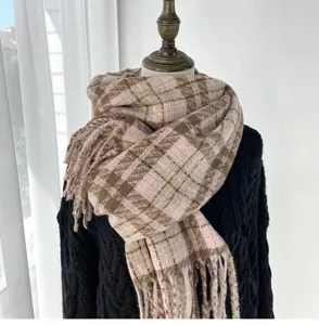 Cozy plaid winter scarf for women, soft cashmere-feel tassel shawl, warm and stylish neckerchief.
