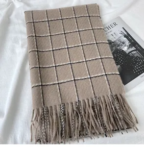 Thickened plaid cashmere-feel winter scarf with fringe, stylish warm cozy neck wrap.