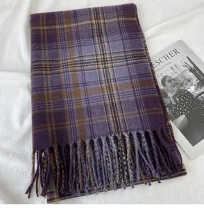Women's autumn winter retro plaid tassel scarf warm woolen shawl versatile neckerchief