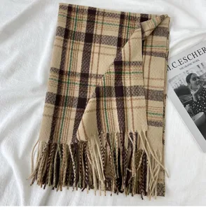 Autumn winter thick plaid scarf women imitation cashmere shawl warm classic fringe neck wrap