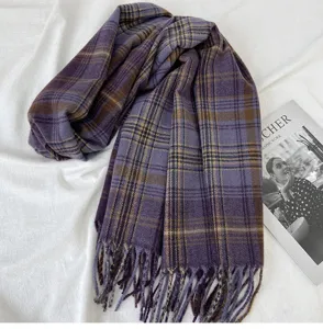 Cozy retro plaid winter scarf for women, warm stylish tartan wrap shawl, elegant neckwear.