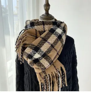 Classic check winter scarf with fringe, warm and cozy plaid shawl for women daily wear.