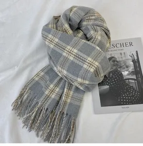 Warm plaid cashmere-feel scarf with fringe, classic grey long winter neck wrap accessory.