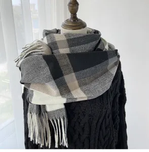 Classic plaid cashmere feel scarf for women winter warm tassel fringe neckerchief stylish