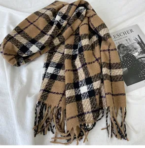 Classic winter warm plaid scarf for women, thick cozy tartan tassel neck wrap and stylish shawl.