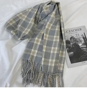 Stylish grey plaid tassel scarf for women and men, warm cashmere-feel winter neck wrap.