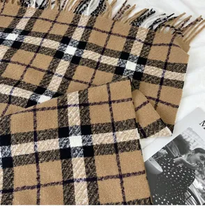 Classic plaid winter scarf for women, warm thick tassel shawl, elegant fashion check wrap.