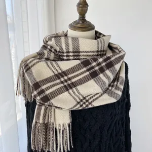 Écharpe d'Hiver en Faux Cachemire pour Femme Châle Long à Carreaux Classique avec Glands Chaud Doux