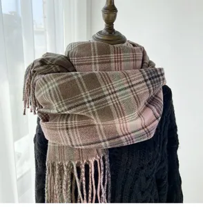 Retro plaid scarf for women, cozy winter warm shawl, classic tartan with fringe details.