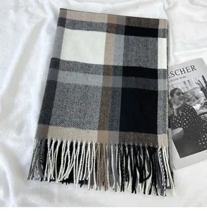 Classic plaid winter scarf for women, cozy cashmere-feel material with elegant fringe hem.
