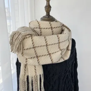 Winter Warm Plaid Faux Cashmere Scarf For Women Classic Checkered Tassel Long Shawl Soft Casual Winter Neck Scarf