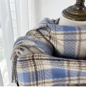 Blue beige plaid winter warm scarf imitation cashmere thickened cozy fashion shawl detail