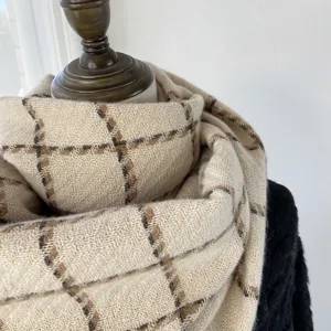 Classic beige plaid winter scarf, thick warm imitation cashmere shawl for women and couples.